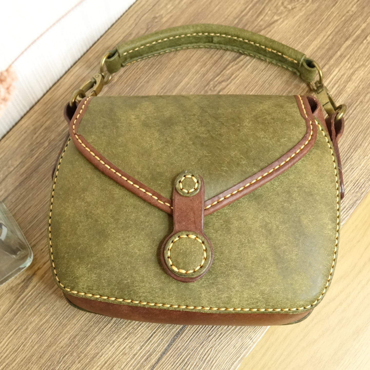 rgc handmade green leather satchel bag 1